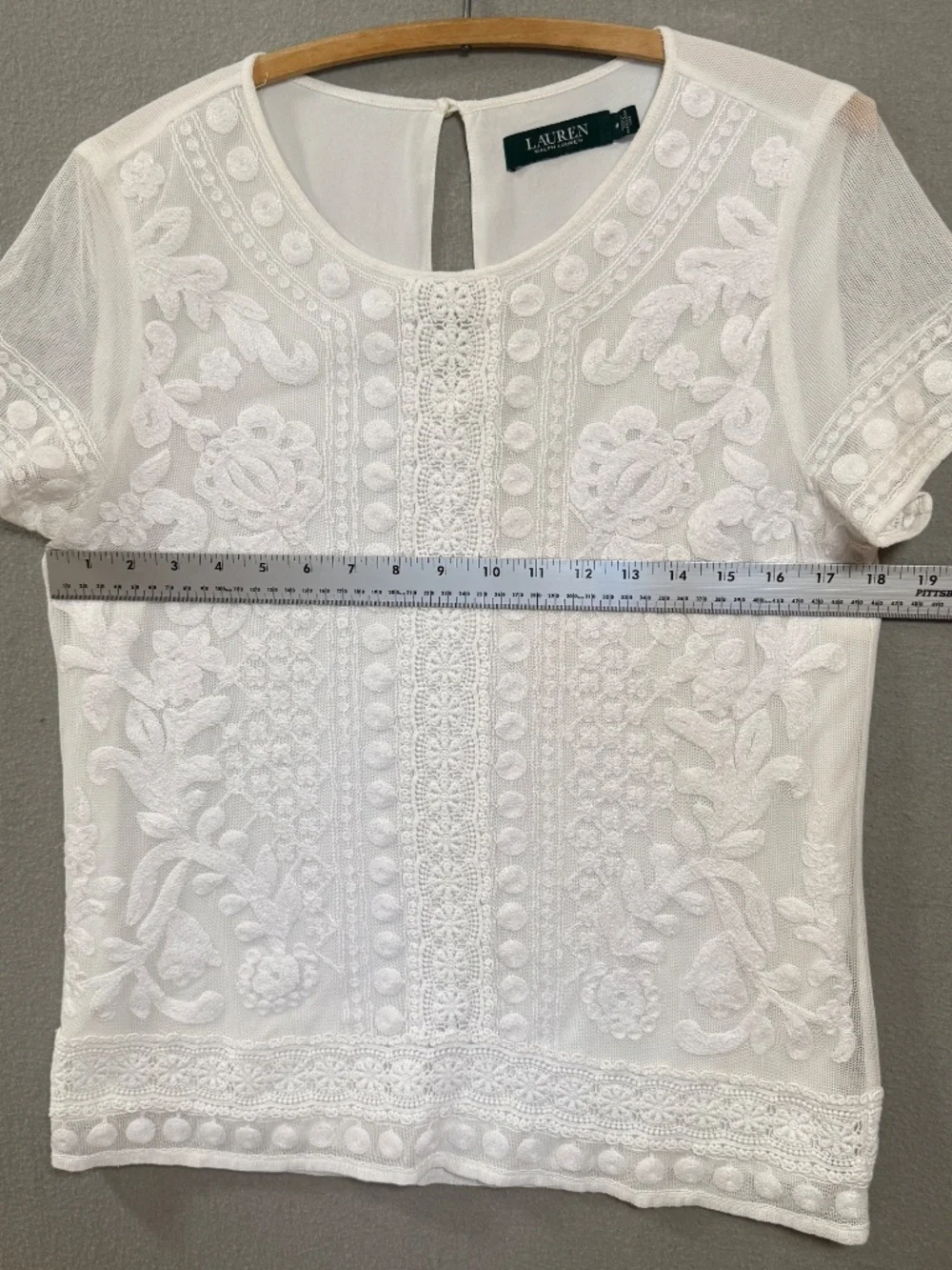 Lauren Ralph Lauren White Eyelet Lace Top Floral Embroidery Mesh Overlay Women M - Picture 3 of 11